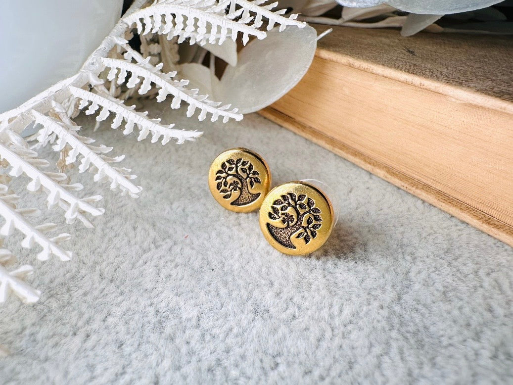 Tree of Life Earrings Stud, Small Gold Post Button Earrings, Whimsigoth Norse Mythology Yggdrasil Tree Jewelry