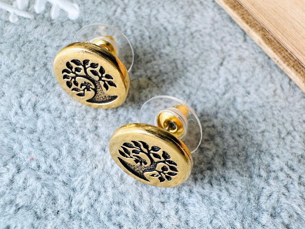 Tree of Life Earrings Stud, Small Gold Post Button Earrings, Whimsigoth Norse Mythology Yggdrasil Tree Jewelry