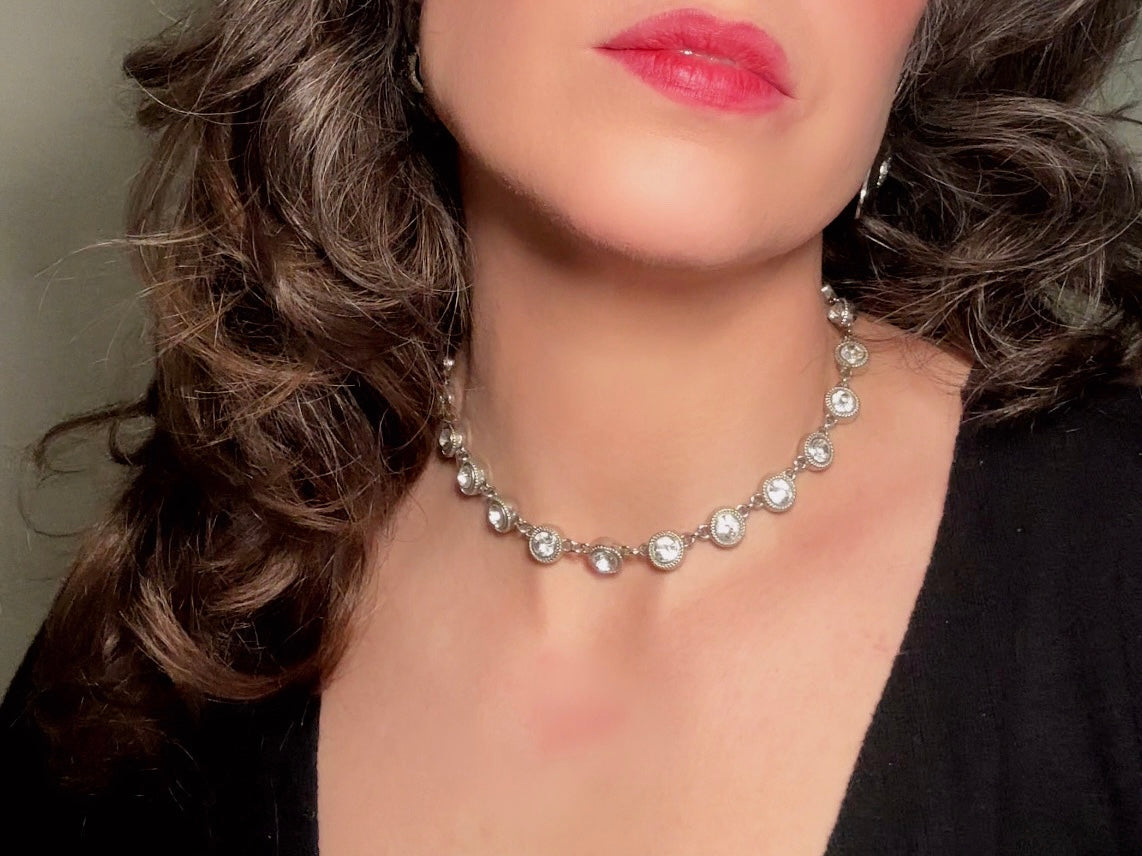 Trifari Silver Necklace with Rhinestone Bezel Links, 60s Vintage Crown Trifari Crystal Cocktail Necklace