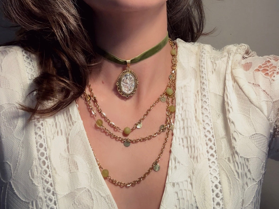 Velvet Choker Necklace with Handmade Flower Pendant, Thin Moss Green Victorian Ribbon Choker with Floral Cameo