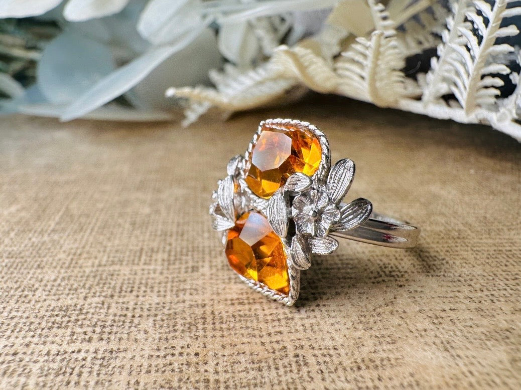 Vintage 70s Ring, 1973 November Birthstone Topaz Cocktail Ring, Double Heart Love Story Ring, Vintage Sarah Coventry