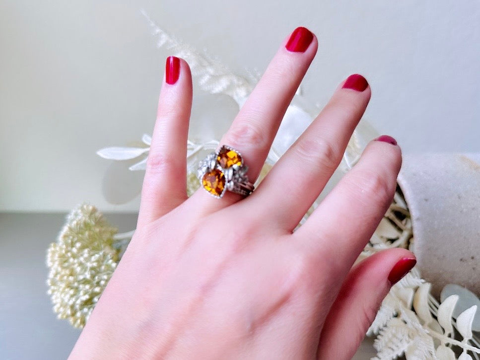 Vintage 70s Ring, 1973 November Birthstone Topaz Cocktail Ring, Double Heart Love Story Ring, Vintage Sarah Coventry