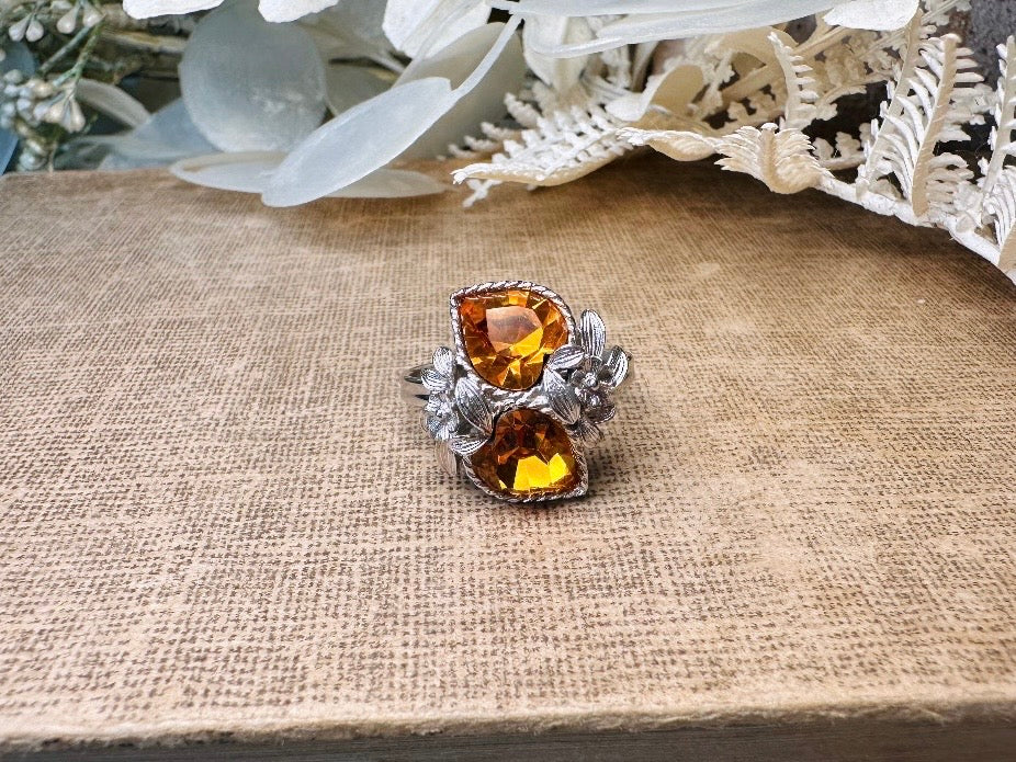 Vintage 70s Ring, 1973 November Birthstone Topaz Cocktail Ring, Double Heart Love Story Ring, Vintage Sarah Coventry