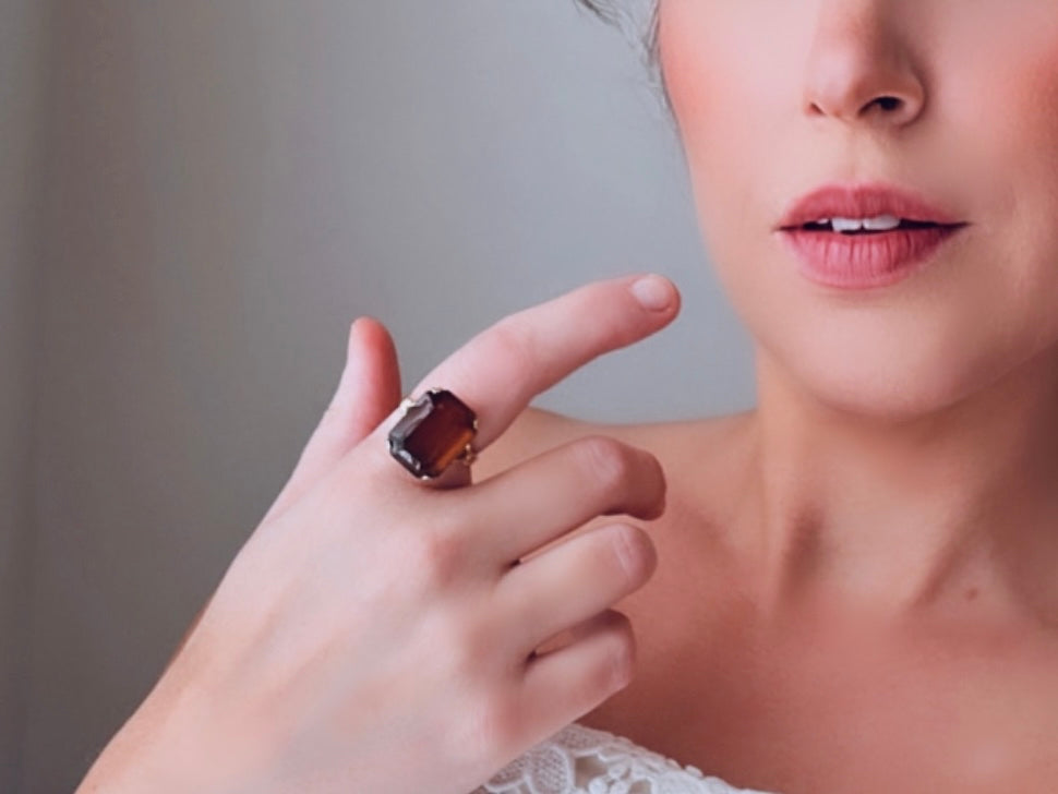 Vintage 70s Ring, Large Solitaire Topaz Rectangle Emerald Cut 1978 Smoky Lustre November Birthstone Cocktail Ring, Chunky Costume Jewelry