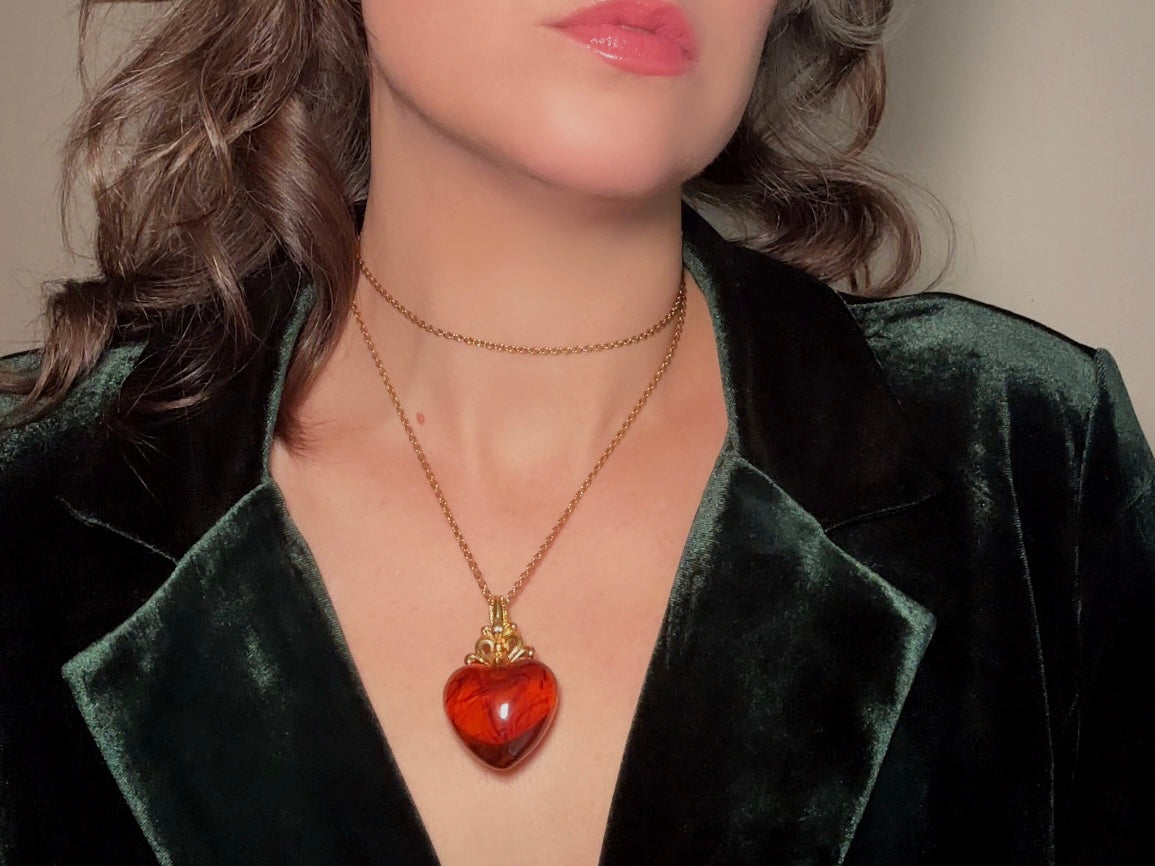 Vintage Amber Heart Necklace, Long Gold Chain Necklace with Glowing Tortoiseshell Lucite Puffy Heart Pendant with Regal Scrolled Accents