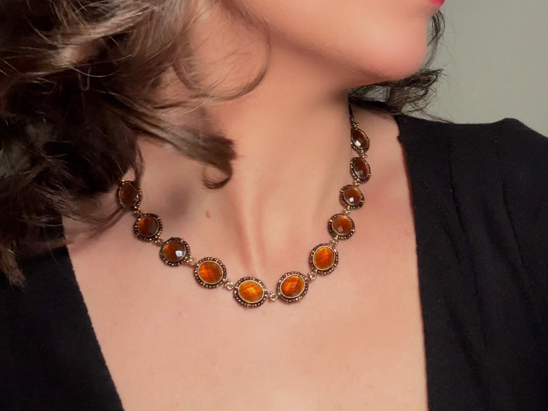 Vintage Amber Necklace with Beaded Bronze Border, Liz Claiborne 80s Designer Vintage Jewelry