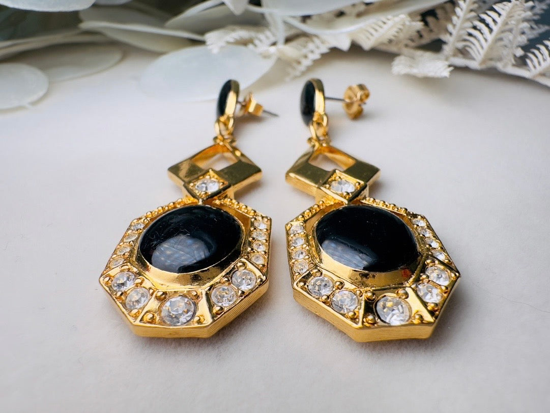 Vintage Art Deco Drop Earrings, Elegant Black and Gold Dangle Earrings with Diamond Rhinestones and Surgical Steel Posts