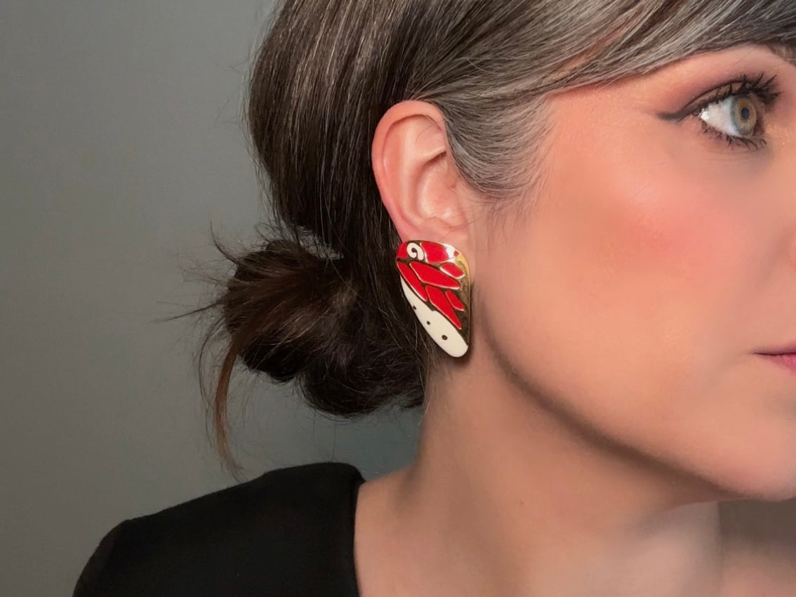 Vintage Berebi Butterfly Wing Earrings, Red and White Enamel with Gold Accents 1980s Pierced Post Earrings from Piggle and pop