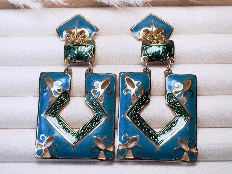 Vintage Berebi Enamel Statement Earrings, 80s Funky Abstract Articulated Geometric Earrings in Blue, Green and Gold