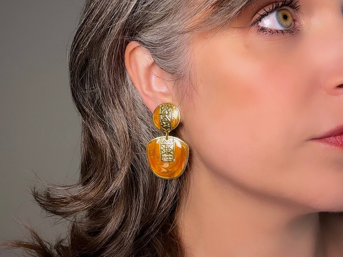 Vintage Berebi Statement Earrings, Rare Gold Tortoiseshell and Copper Enamel Earrings with Geometric Accents