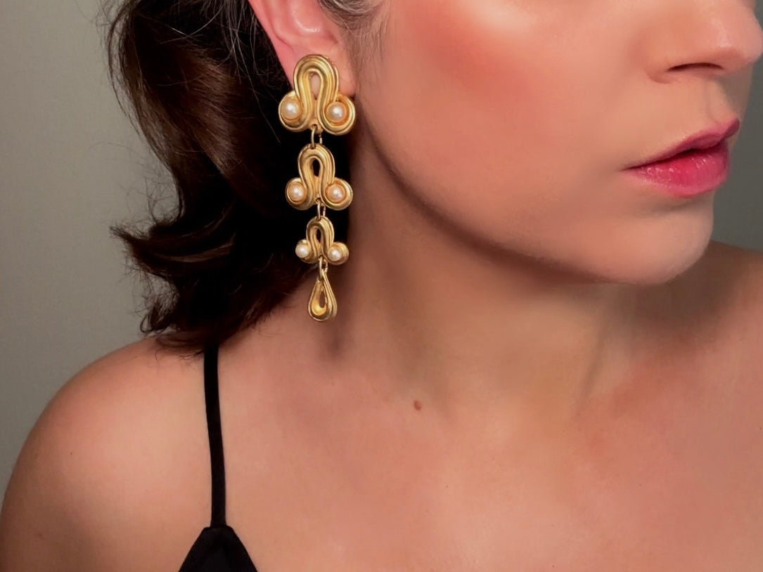 Vintage Blanca Designer Pearl Drop Oversized Matte Gold Clip On Earrings Modelled by Bethan Jayne from Piggle and Pop