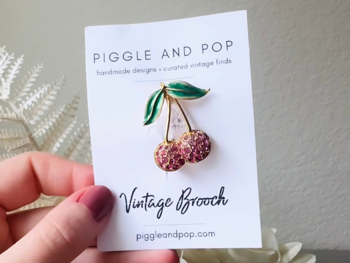 Vintage Cherry Brooch, Sparkling Pink Rhinestone Cherry Pin from Piggle and Pop on handmade card