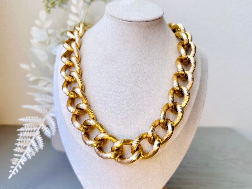 Chunky Gold Chain Necklace, Thick Gold Curb Link Vintage Necklace, 80s Gold Choker, High Fashion Runway Textured Gold Link Collar Necklace from Piggle and Pop