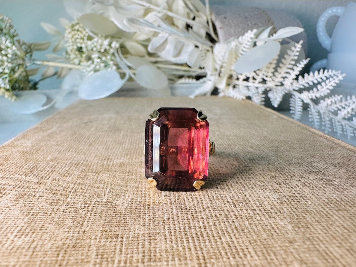 Vintage Cocktail Ring, Smoky Amethyst Chunky Statement Ring, Large Purple and Gold Emerald Cut 1978 Ring
