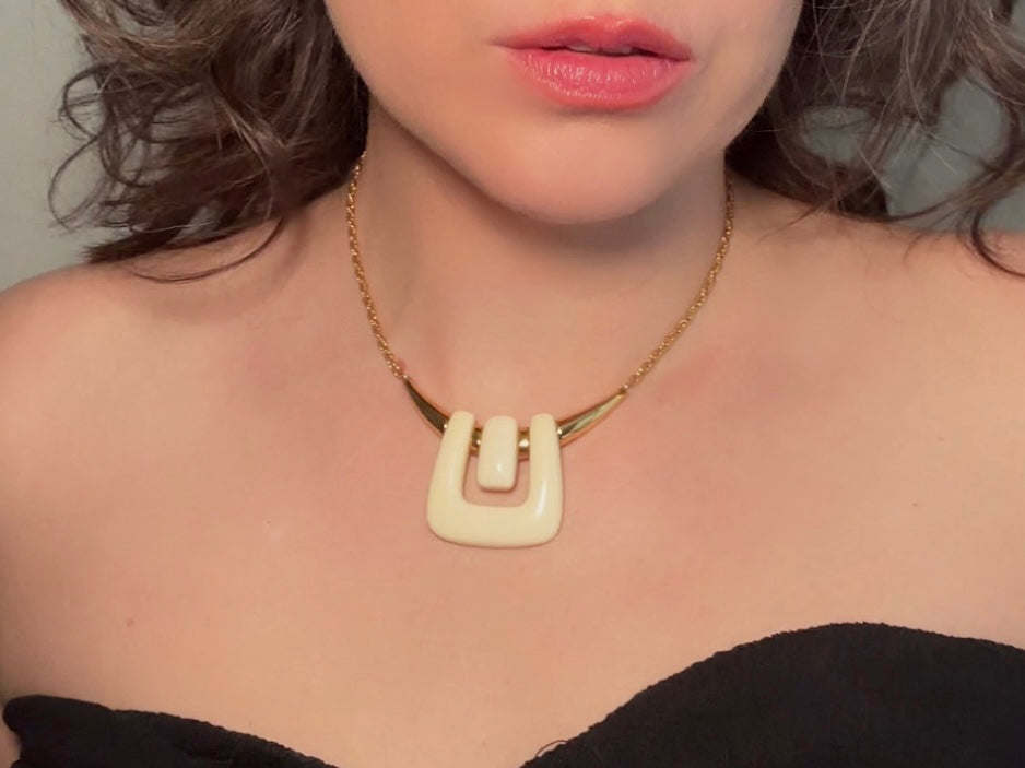 Vintage Crown Trifari Necklace, 1970s Cream Lucite Gold Bar Short Necklace