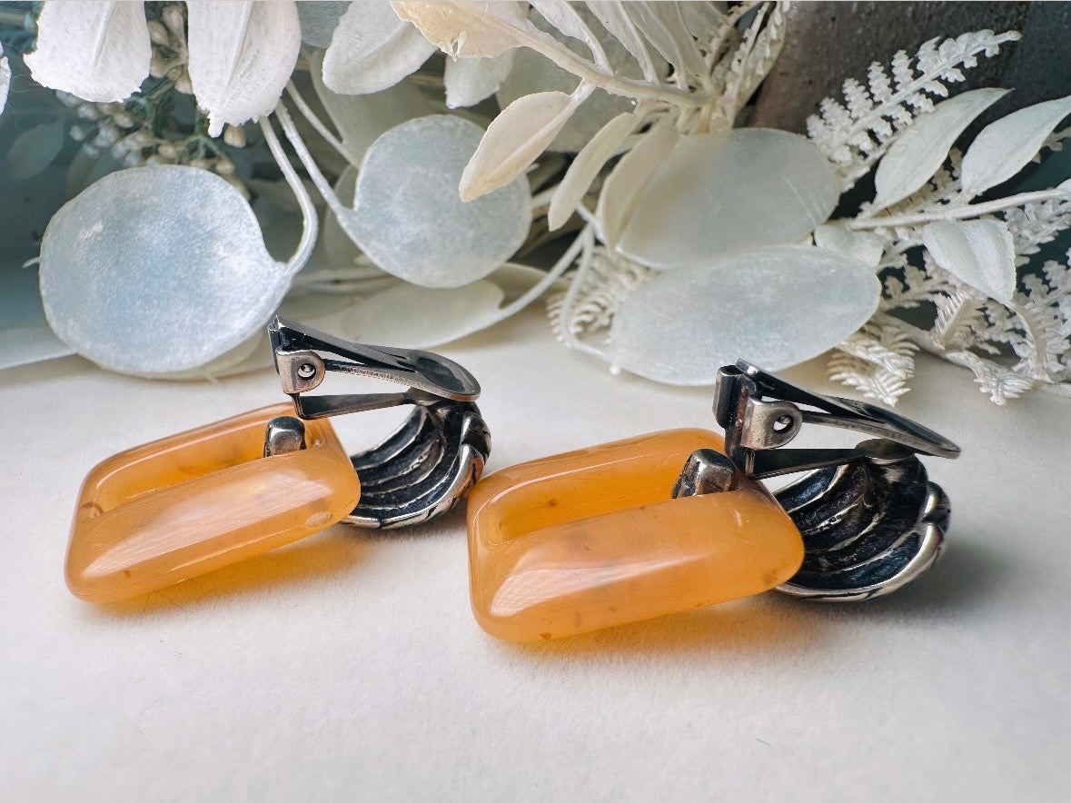 Vintage Door Knocker Earrings, Antique Silver Statement Earrings with Amber Lucite Bakelite Rectangular Hoops