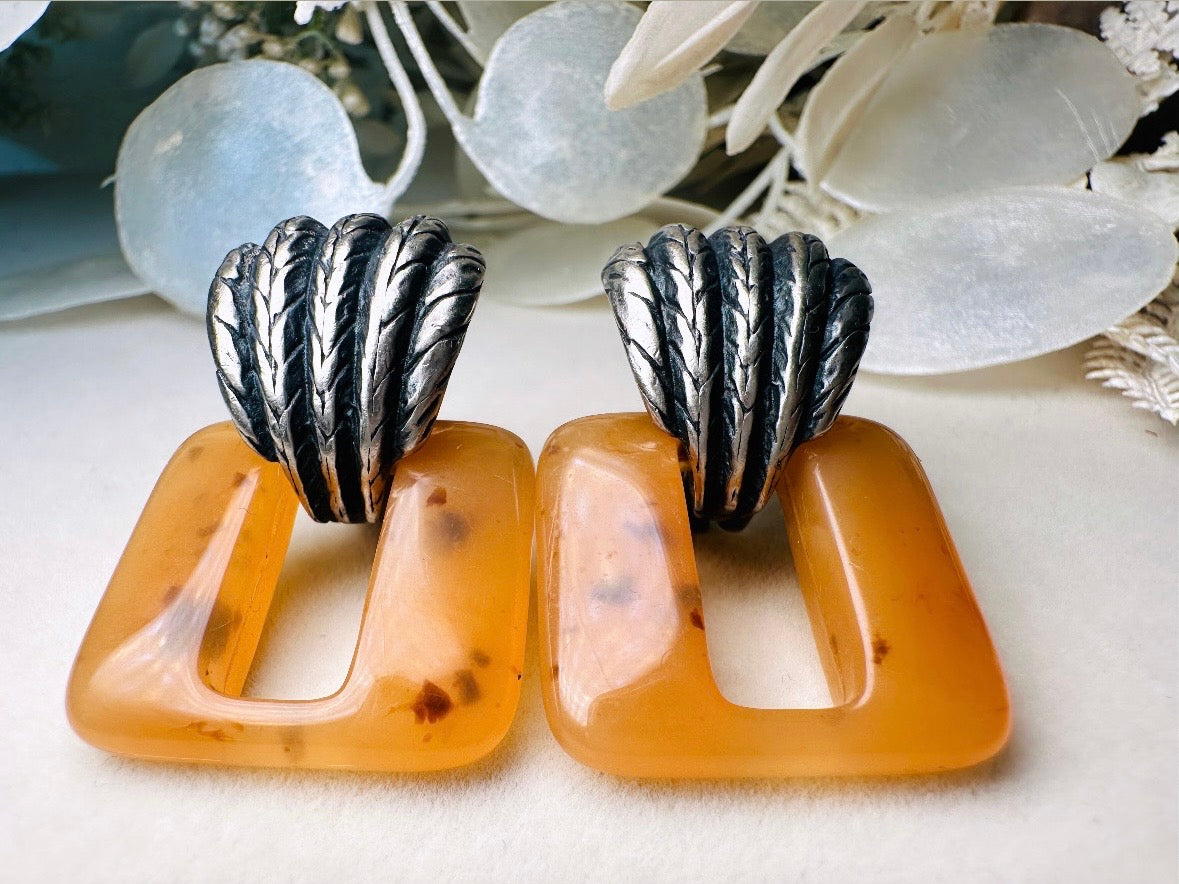 Vintage Door Knocker Earrings, Antique Silver Statement Earrings with Amber Lucite Bakelite Rectangular Hoops