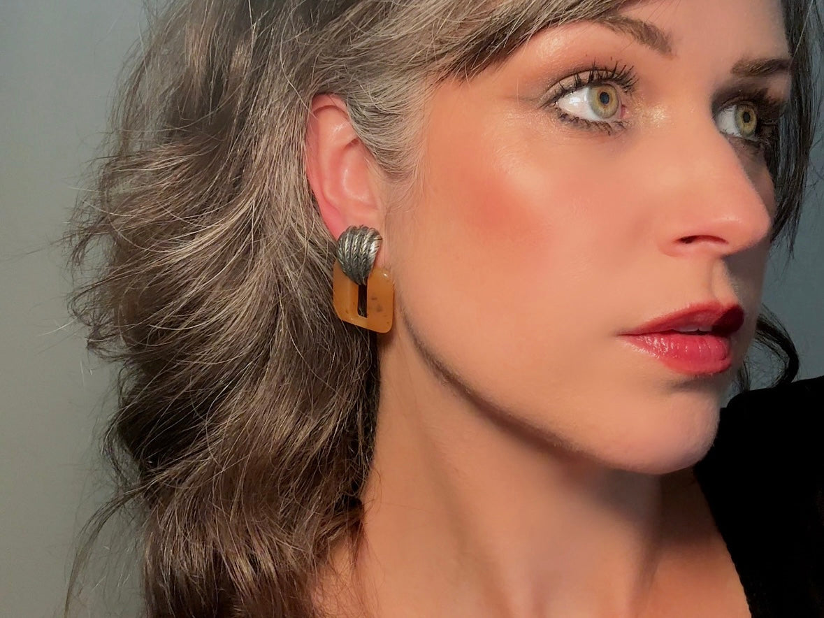 Vintage Door Knocker Earrings, Antique Silver Statement Earrings with Amber Lucite Bakelite Rectangular Hoops