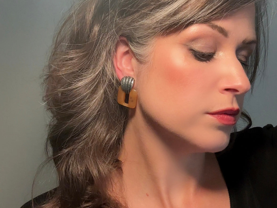 Vintage Door Knocker Earrings, Antique Silver Statement Earrings with Amber Lucite Bakelite Rectangular Hoops