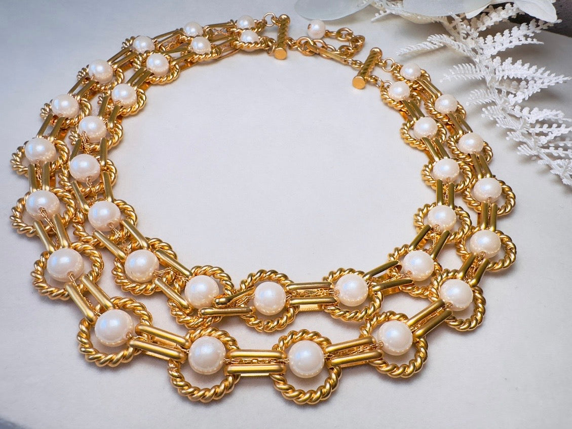Vintage Geometric Double Strand Gold Chain Collar Necklace with Gold Rope Border Links and Cream Faux Pearls