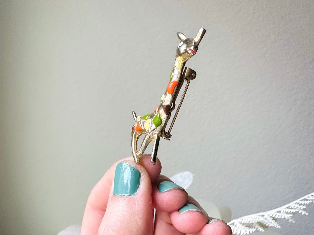 Vintage Giraffe Brooch, Safari Animal Motif, held in hand