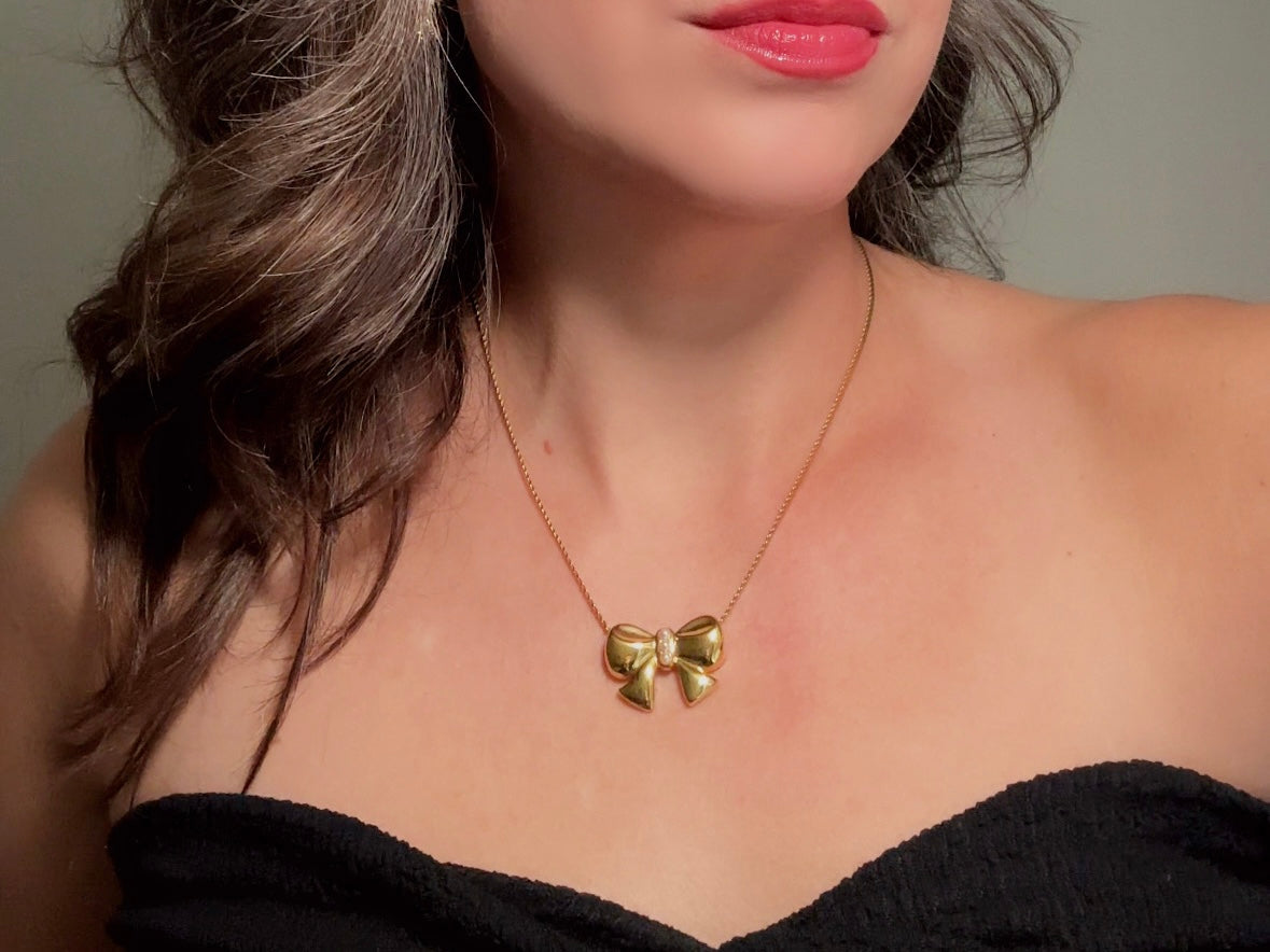 Vintage Gold Bow Necklace, Marvella Slide Pendant Necklace with Tiny Pearl Accents, Gold Ribbon Christmas Necklace on 18" Serpentine Chain