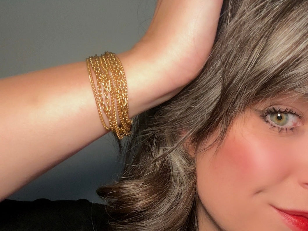 Vintage Gold Chain Bracelet, Chunky Layered Multistrand Bracelet, 1970s Classic Gold Curb and Cable Chain Estate Bracelet