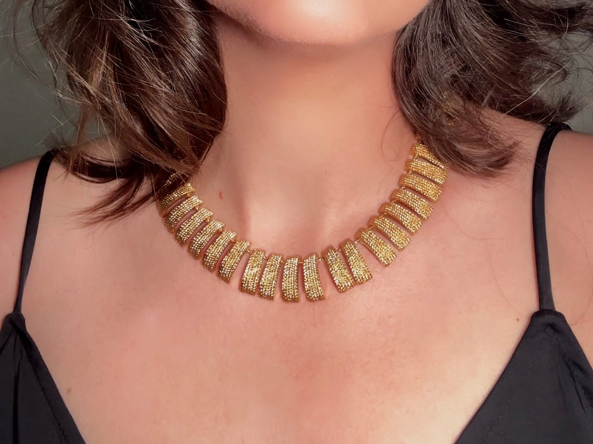 Vintage Gold Collar Necklace, Signed Napier Textured Gold Cleopatra Style Necklace, Designer 80s Articulated Gold Bar Choker Necklace