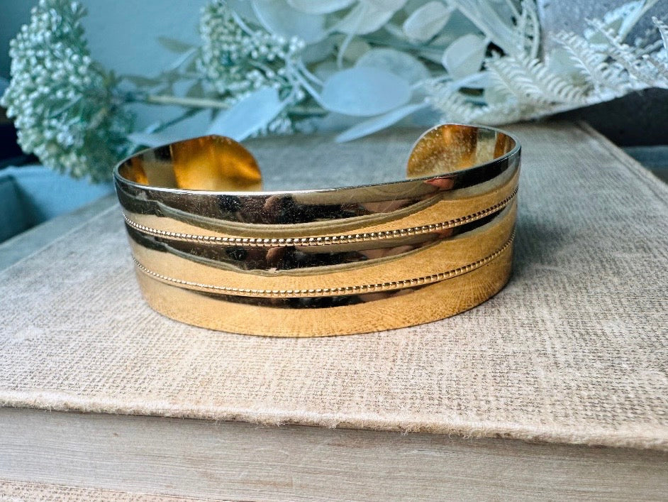 Vintage Gold Cuff Bracelet, Monet Gold Bracelet, 80s Wide Band Etched Gold Bracelet for Stacking