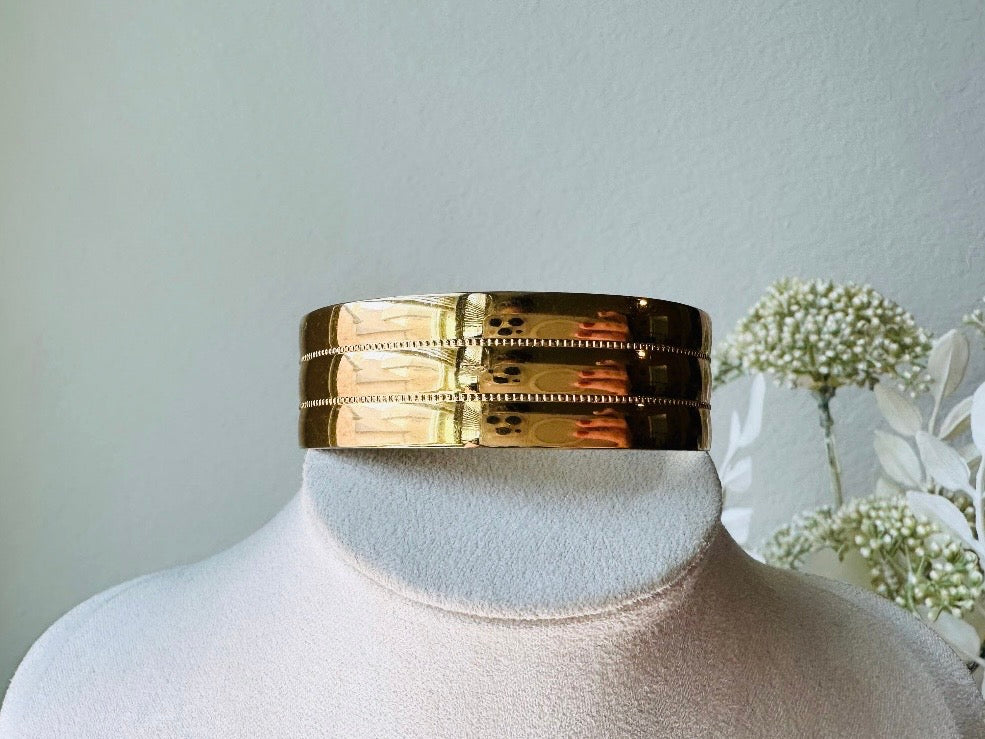 Vintage Gold Cuff Bracelet, Monet Gold Bracelet, 80s Wide Band Etched Gold Bracelet for Stacking