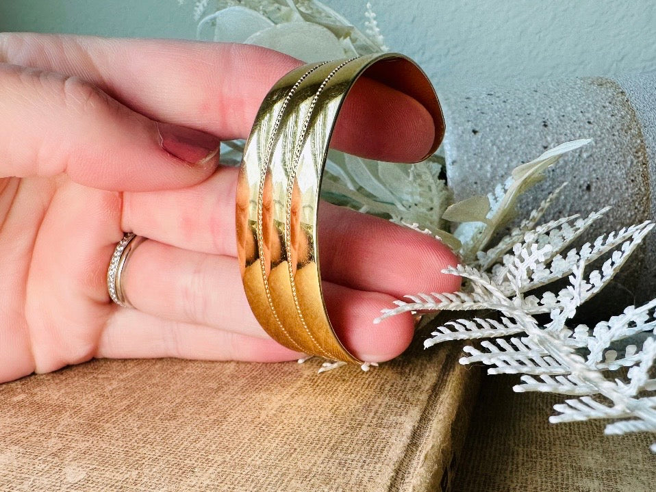 Vintage Gold Cuff Bracelet, Monet Gold Bracelet, 80s Wide Band Etched Gold Bracelet for Stacking