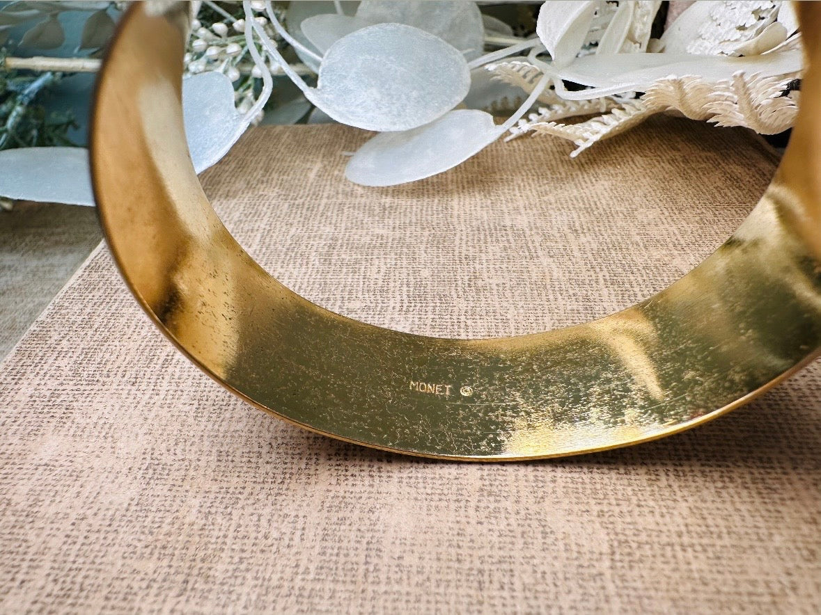 Vintage Gold Cuff Bracelet, Monet Gold Bracelet, 80s Wide Band Etched Gold Bracelet for Stacking