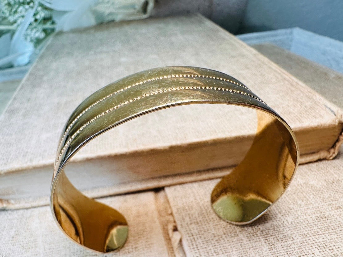 Vintage Gold Cuff Bracelet, Monet Gold Bracelet, 80s Wide Band Etched Gold Bracelet for Stacking