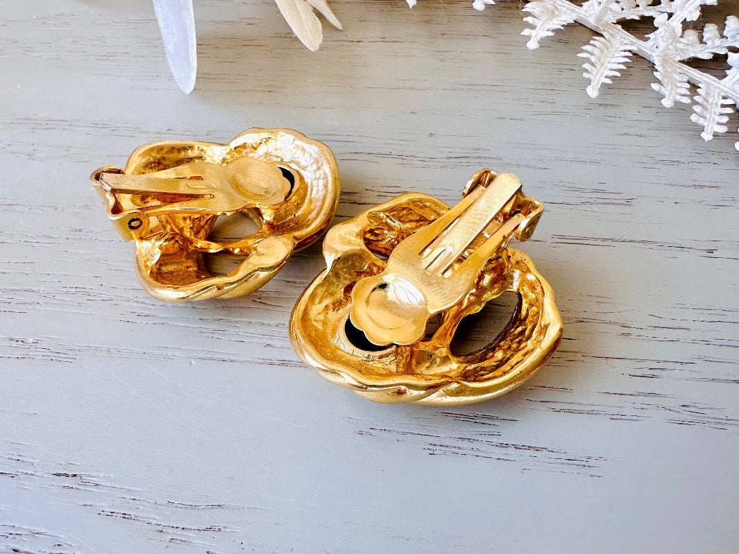 Vintage Gold Knot Clip On Earrings, Shiny Gold Twisted Rope Earrings, Oversized Gold 80s Mogul Classic Vintage Earrings