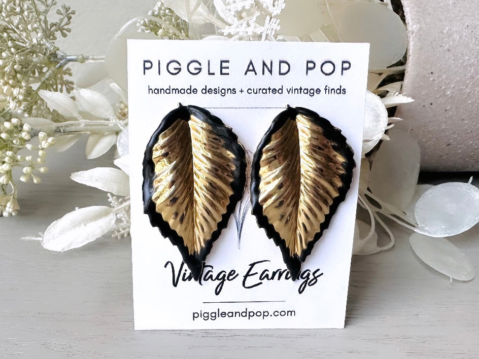 Vintage Gold Leaf Earrings with Black Enamel Tips, Gold Leaves Clip On Earrings, 1980s Statement Earring, Whimsical Clip-Ons for Non-Pierced from Piggle and Pop