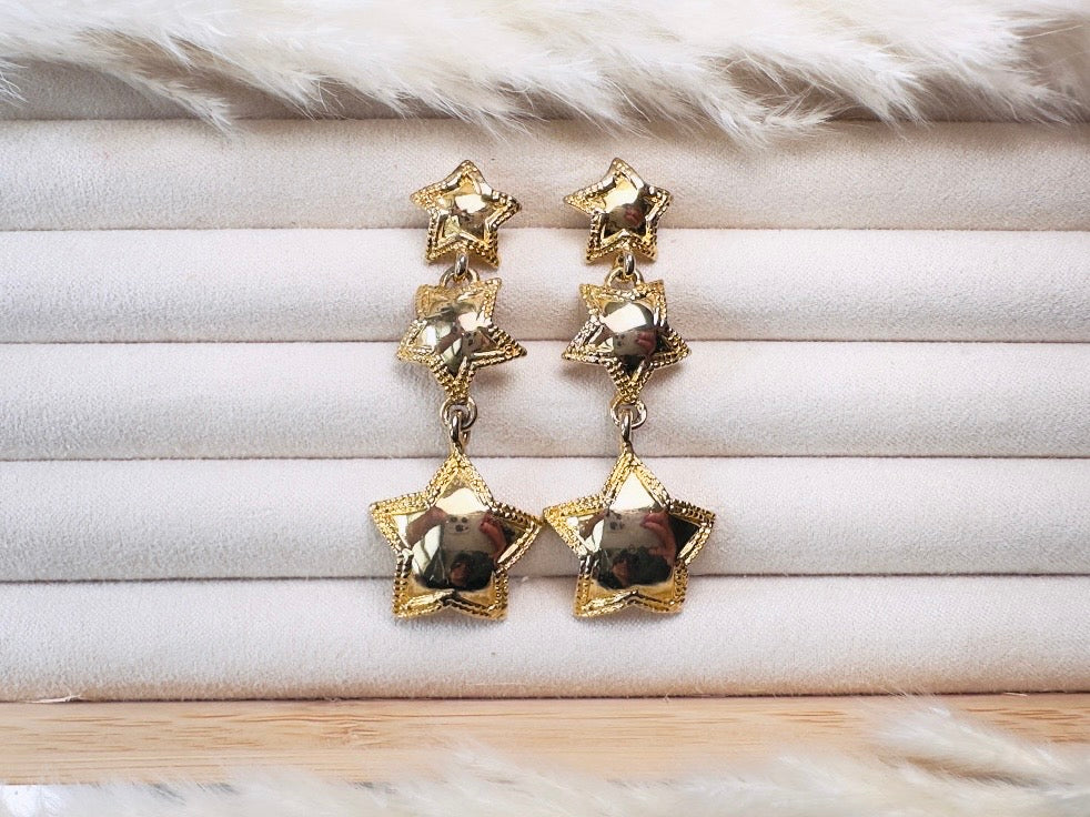 Vintage Gold Star Earrings, Celestial Drop Earrings, Whimsical Triple Star Dangle Earrings
