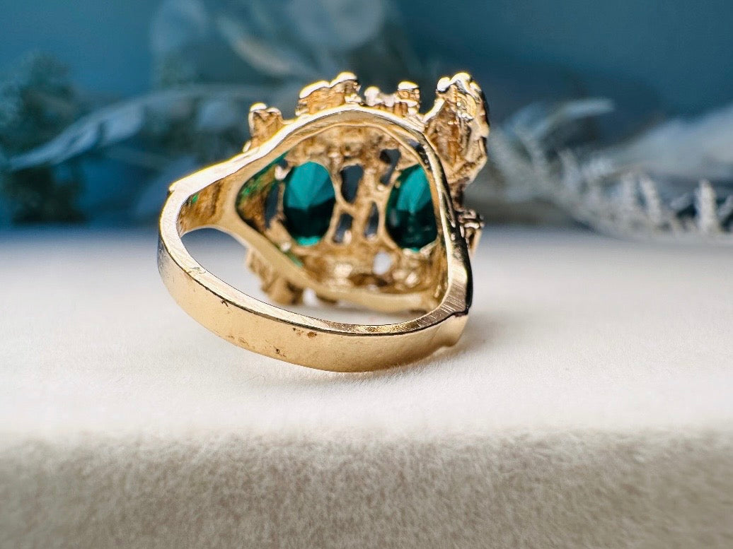 Vintage Green Cocktail Ring, 18k Brutalist Ring with Faux Emeralds Size 5