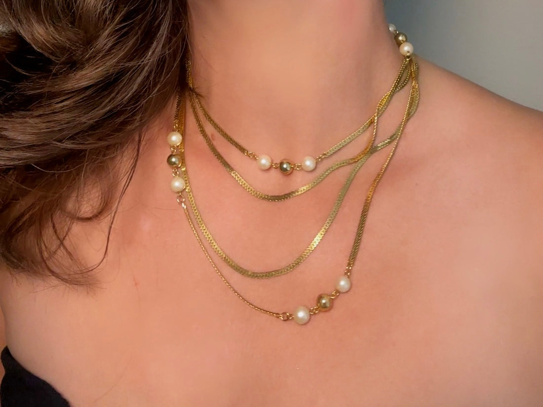 Vintage Herringbone Chain Necklace, Double Strand Long Station Necklace with Cream Pearls