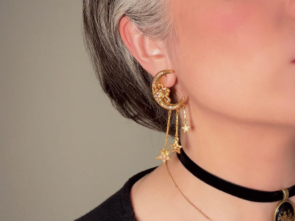 Vintage Kirks Folly Celestial Earrings, Gold Crescent Moon and Star Fantasy Dangle Earrings with Aurora Borealis Crystals