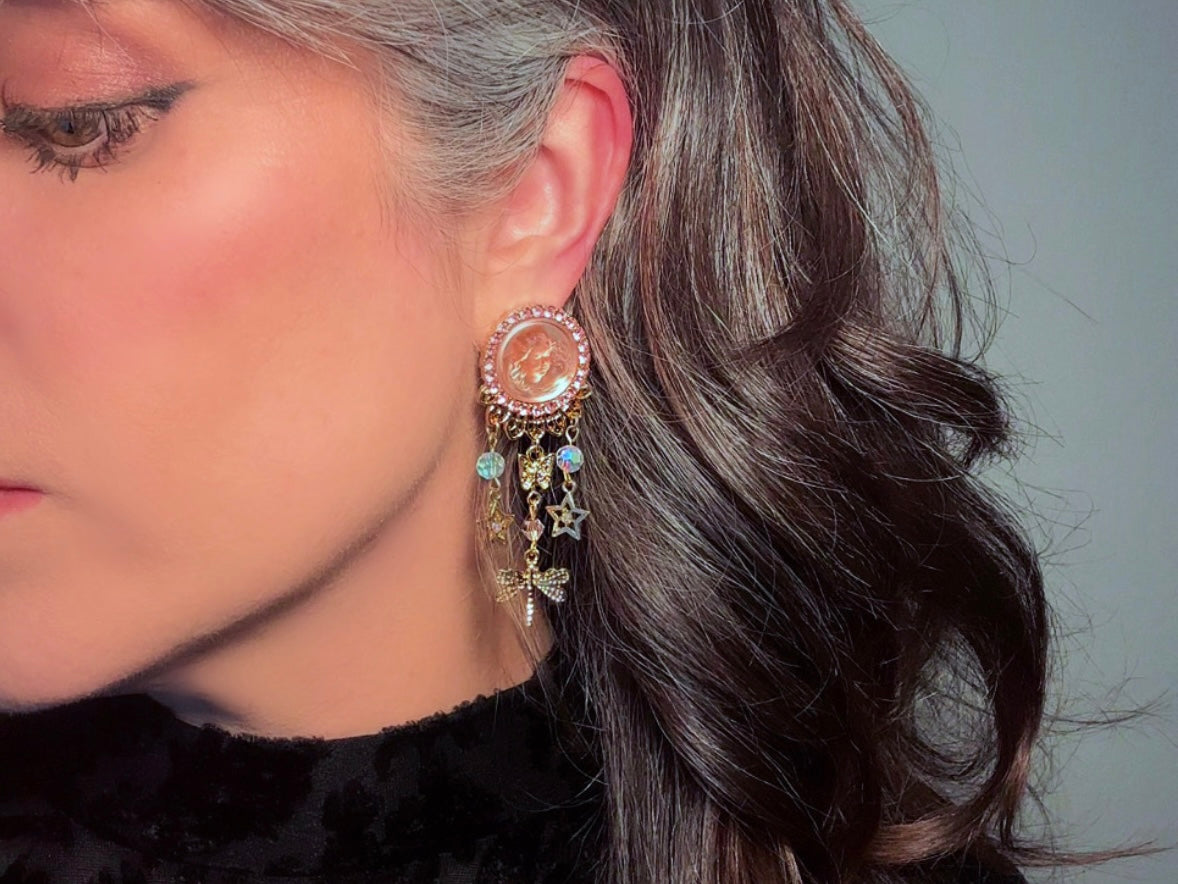 Vintage Kirks Folly Celestial Earrings, Pink Iridescent Cherub Fantasy Dangle Earrings with Crystals, Butterflies, Dragonflies, Gold Stars