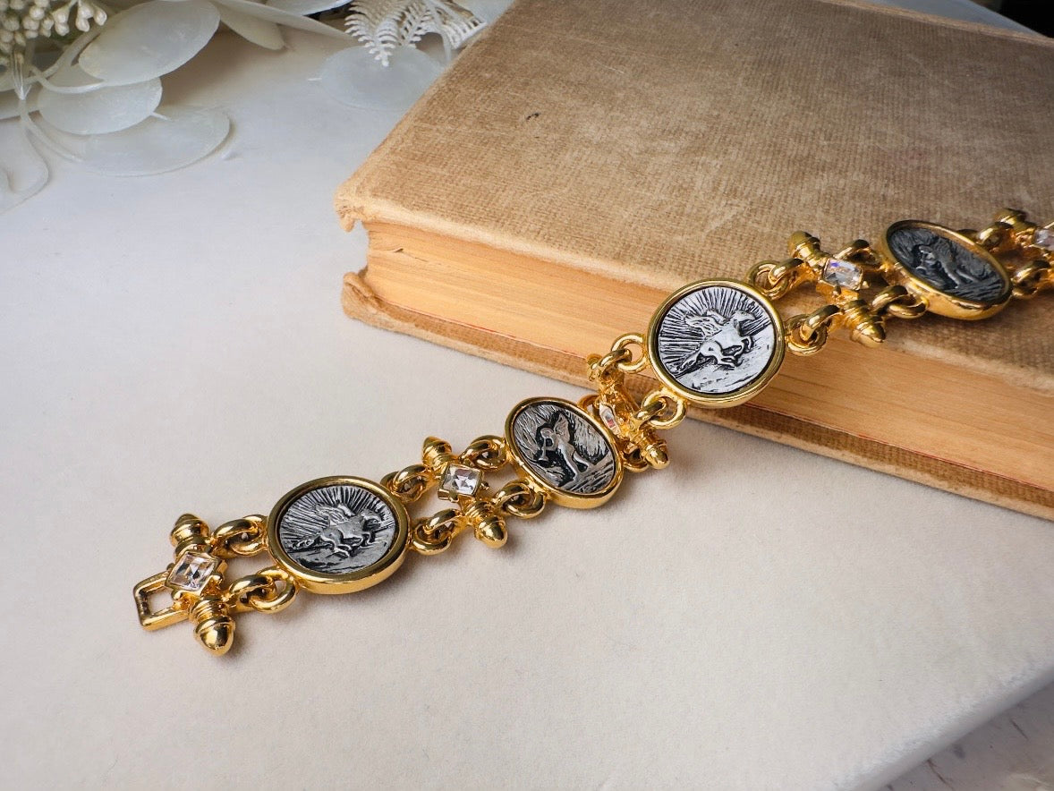 Vintage Link Bracelet by Premier Designs with Pegasus and Angel Cameos, Gold and Silver Intaglio Bracelet