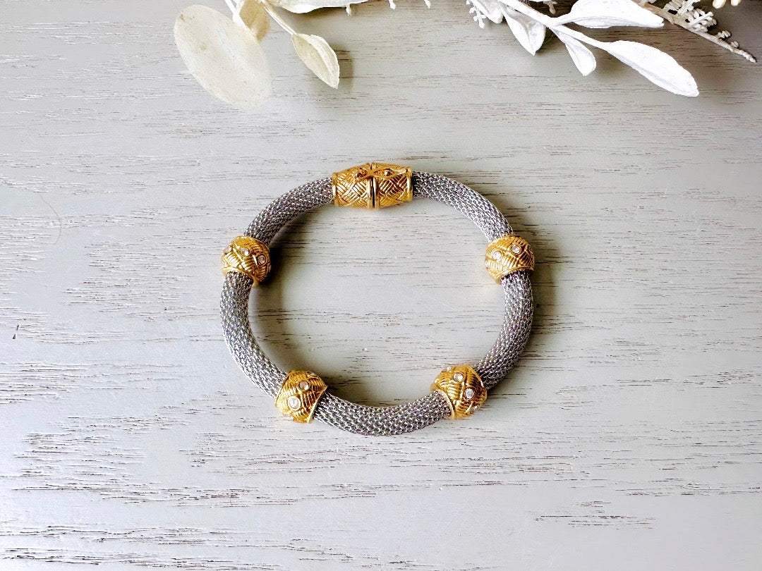 Vintage Mesh Bracelet, 1980s Mixed Metal Gold and Stainless Steel Bracelet, Classic Bold Eternal Mesh 80s Designer Vintage Bracelet