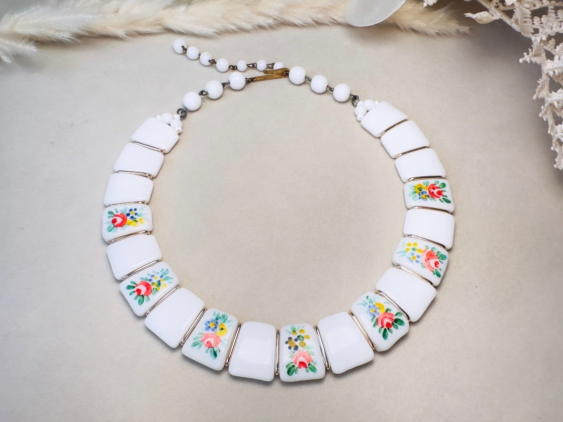 Vintage Milk Glass Choker, Romantic 1950s West German Collar Necklace with Hand Painted Flowers in Pink, Blue and Yellow
