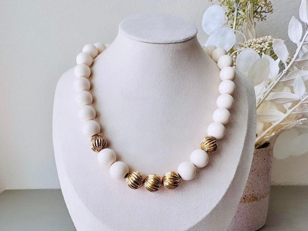 Vintage Monet Choker, Bisque White Round Beaded Necklace with Textured Gold Accent Beads, Classic Cream & Gold Signed Vintage Bead Necklace