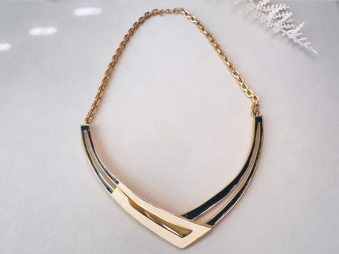 Vintage Monet Necklace, Navy Cream and Gold Enamel Crescent Pendant Choker Necklace