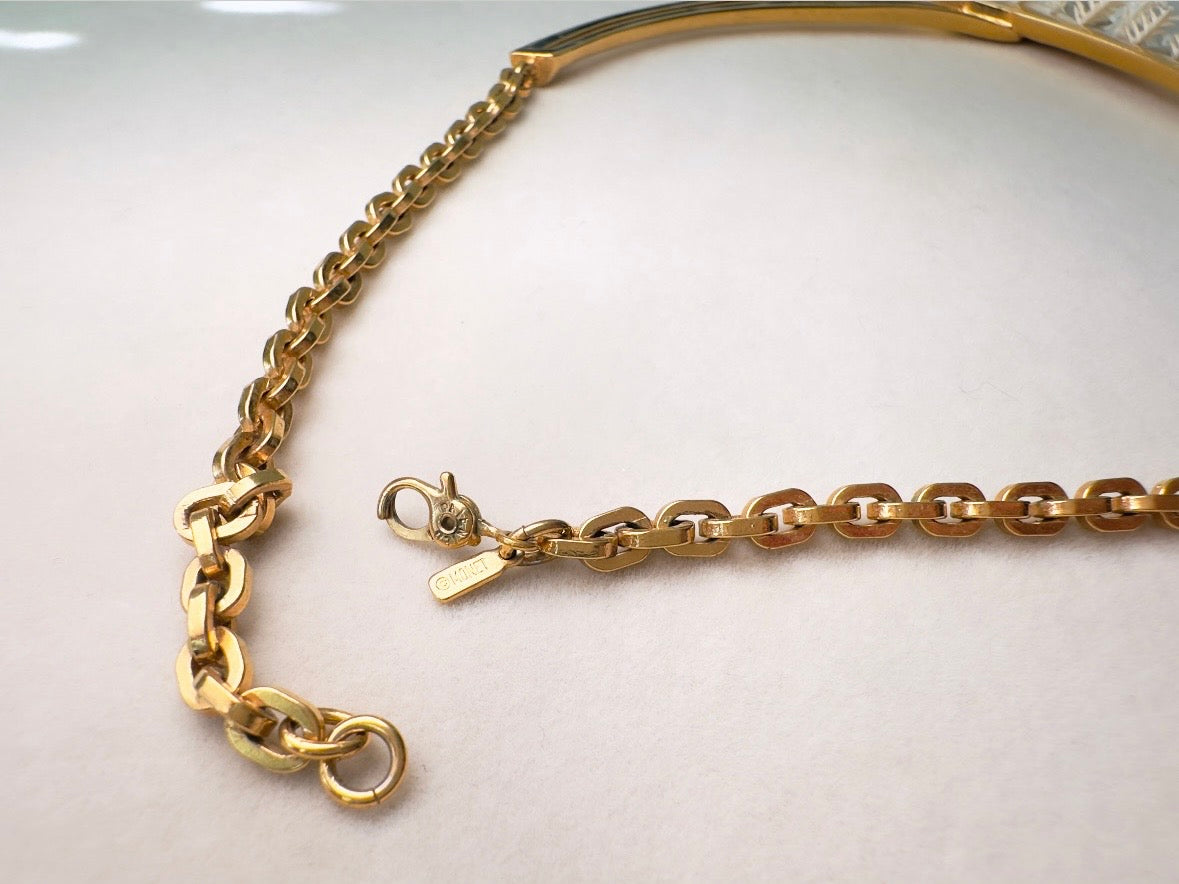 Vintage Monet Necklace, Navy Cream and Gold Enamel Crescent Pendant Choker Necklace