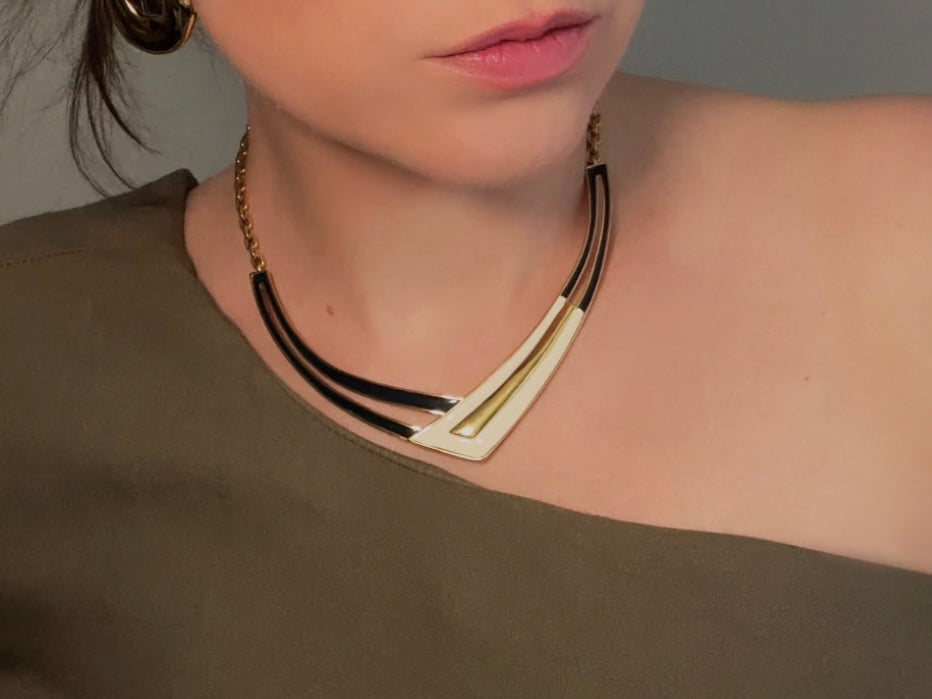 Vintage Monet Necklace, Navy Cream and Gold Enamel Crescent Pendant Choker Necklace