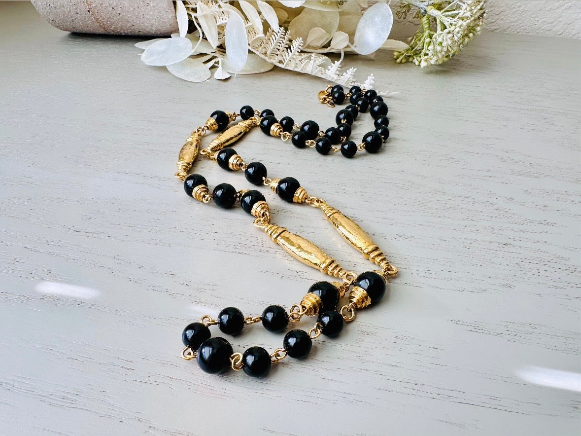 Vintage Monet Necklace, Rare Black and Gold Ultra Long Necklace, Runway Couture Signed Designer VTG, Striking 1980s Stacking Layered Look by Piggle and Pop