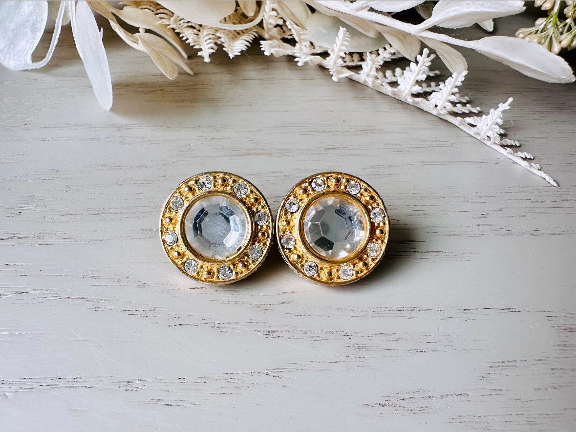 Vintage Rhinestone Post Earrings, Diamond Crystal Vintage Earrings, Sparkling Jewel Earrings with Gold Border, 1980s Liz Claiborne LCI Studs from Piggle and Pop