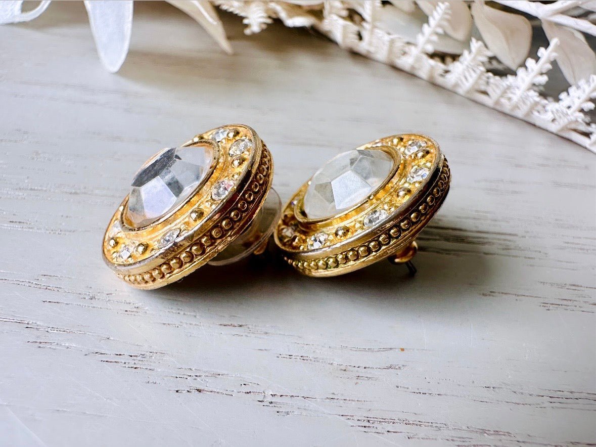 Vintage Rhinestone Post Earrings, Diamond Crystal Vintage Earrings, Sparkling Jewel Earrings with Gold Border, 1980s Liz Claiborne LCI Studs from Piggle and Pop